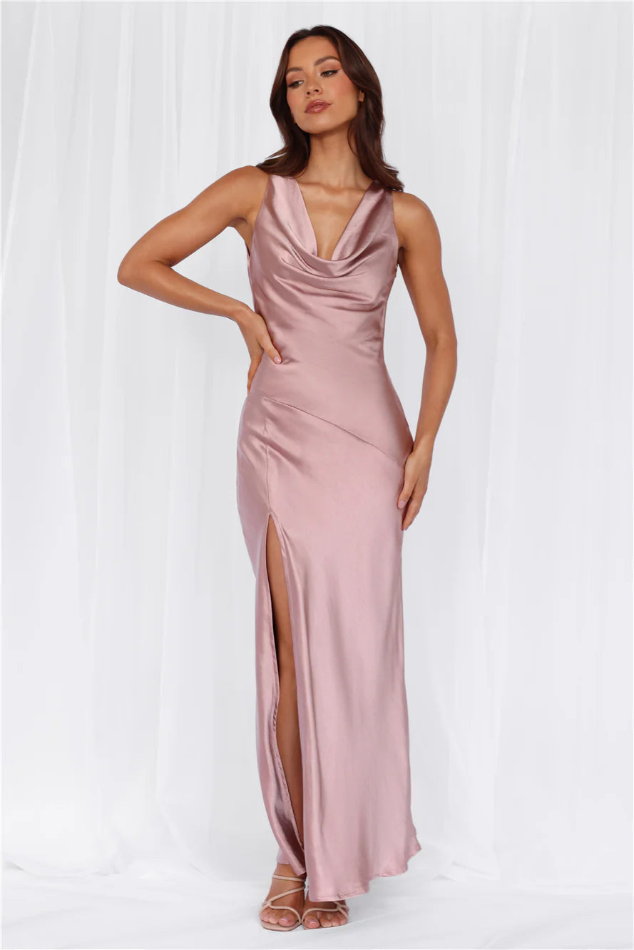 HELLO MOLLY The Loretta Cowl Satin Maxi Dress Dusty Pink