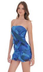 Mesh Floral Strapless Ruffle Dress in Royal Blue