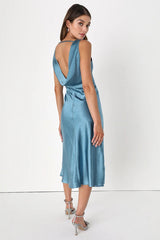 Incredible Love Slate Blue Satin Cowl Back Midi Slip Dress