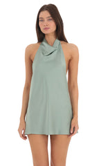 Satin Halter Open Back Dress in Sage
