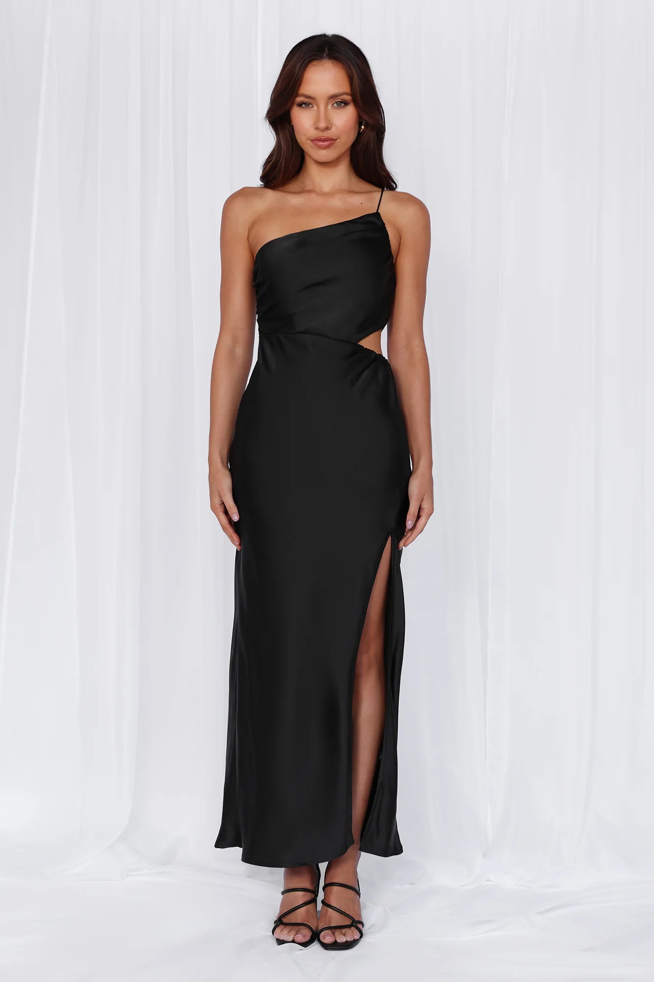 HELLO MOLLY The Opal One Shoulder Satin Maxi Dress Black