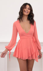 Dotted Long Sleeve Wrap Dress in Coral