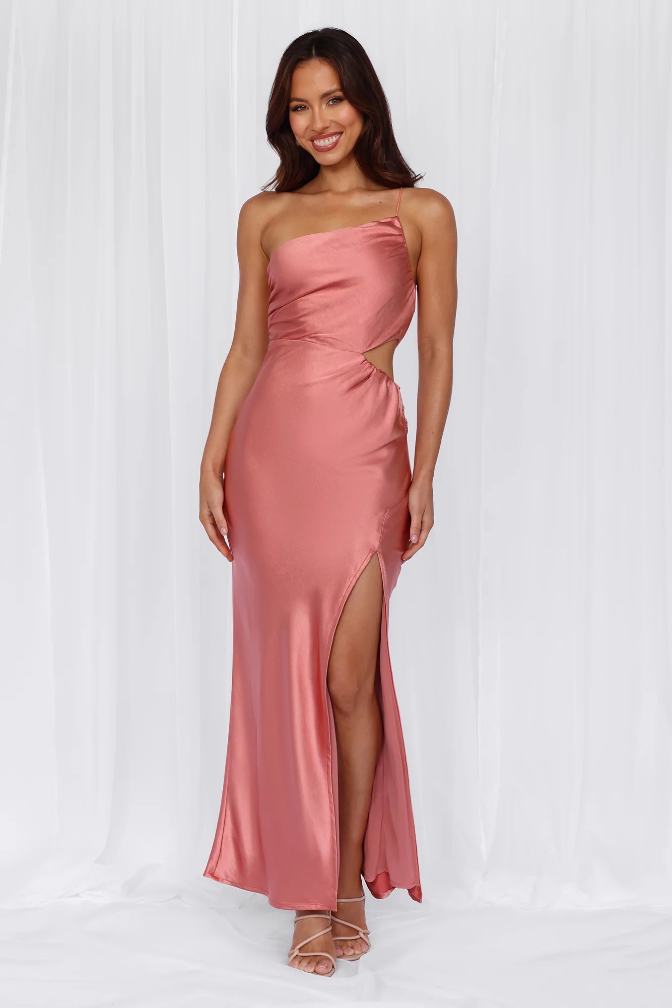 HELLO MOLLY The Opal One Shoulder Satin Maxi Dress Rose