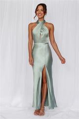 HELLO MOLLY The Adeline Halter Satin Maxi Dress Sage