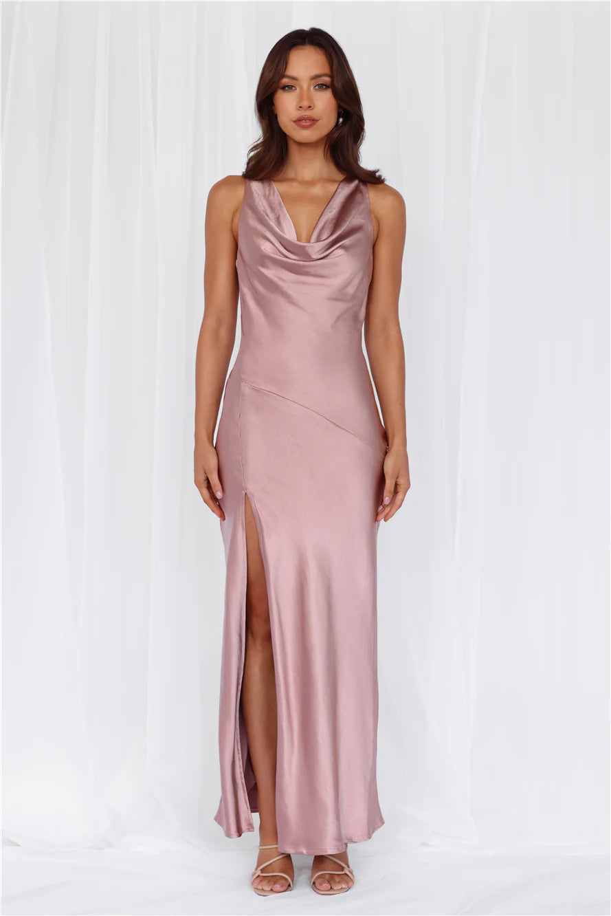 HELLO MOLLY The Loretta Cowl Satin Maxi Dress Dusty Pink