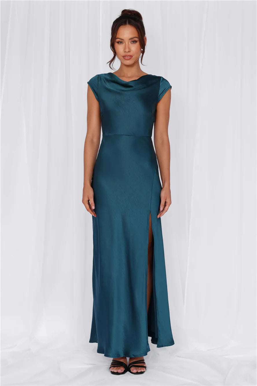 HELLO MOLLY The Valentina Cap Sleeve Satin Maxi Dress Teal