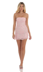 Embroidered Floral Strapless Dress in Pink