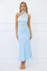 Sapphire Diva Halter Mesh Satin Maxi Dress Blue