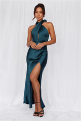 HELLO MOLLY The Adeline Halter Satin Maxi Dress Teal