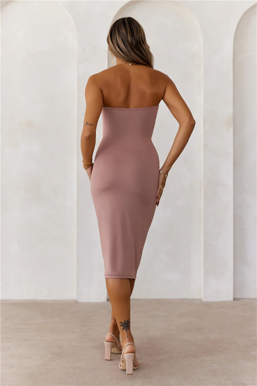 HELLO MOLLY BASE Ultimate Strapless Bodycon Midi Dress Mocha