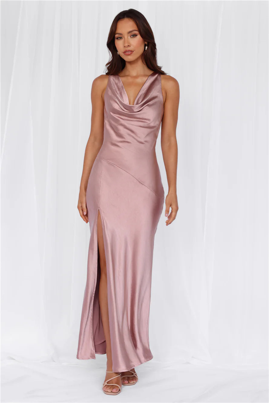 HELLO MOLLY The Loretta Cowl Satin Maxi Dress Dusty Pink