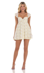 Embroidered Floral Babydoll Dress in Yellow