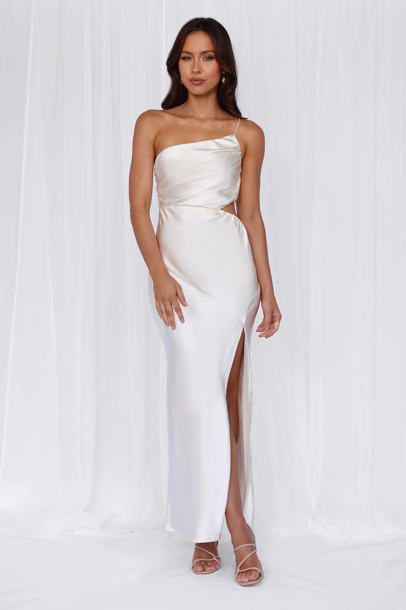 HELLO MOLLY The Opal One Shoulder Satin Maxi Dress Pearl