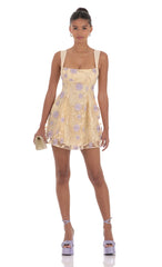 Embroidered Floral Fit and Flare Dress in Gold