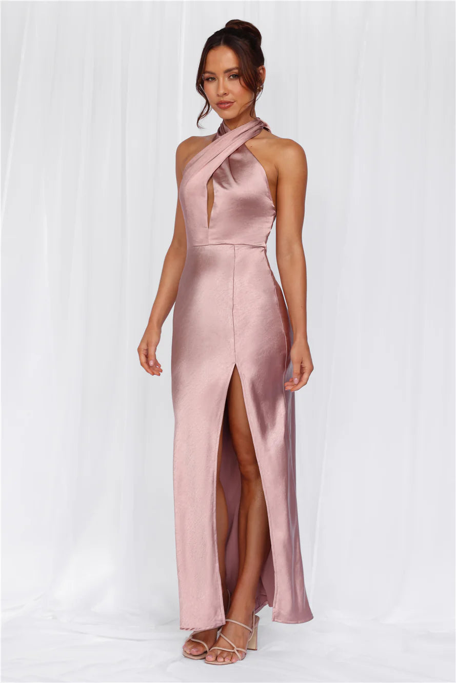 HELLO MOLLY The Adeline Halter Satin Maxi Dress Dusty Pink