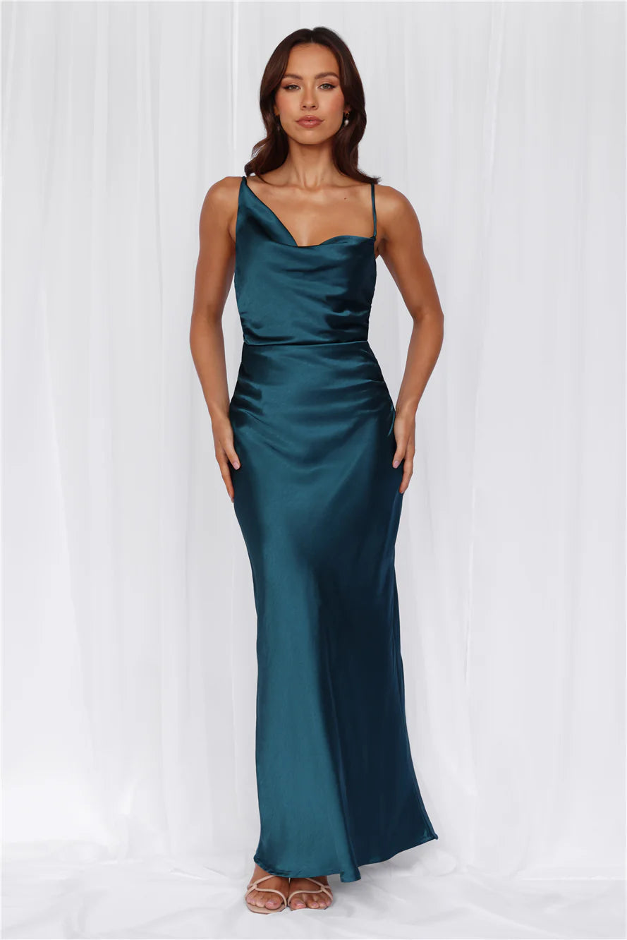 HELLO MOLLY The Madeline Cowl Satin Maxi Dress Teal