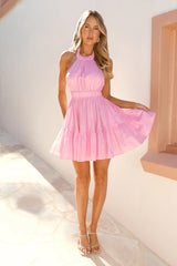 Hamptons Vacation Halter Mini Dress Pink