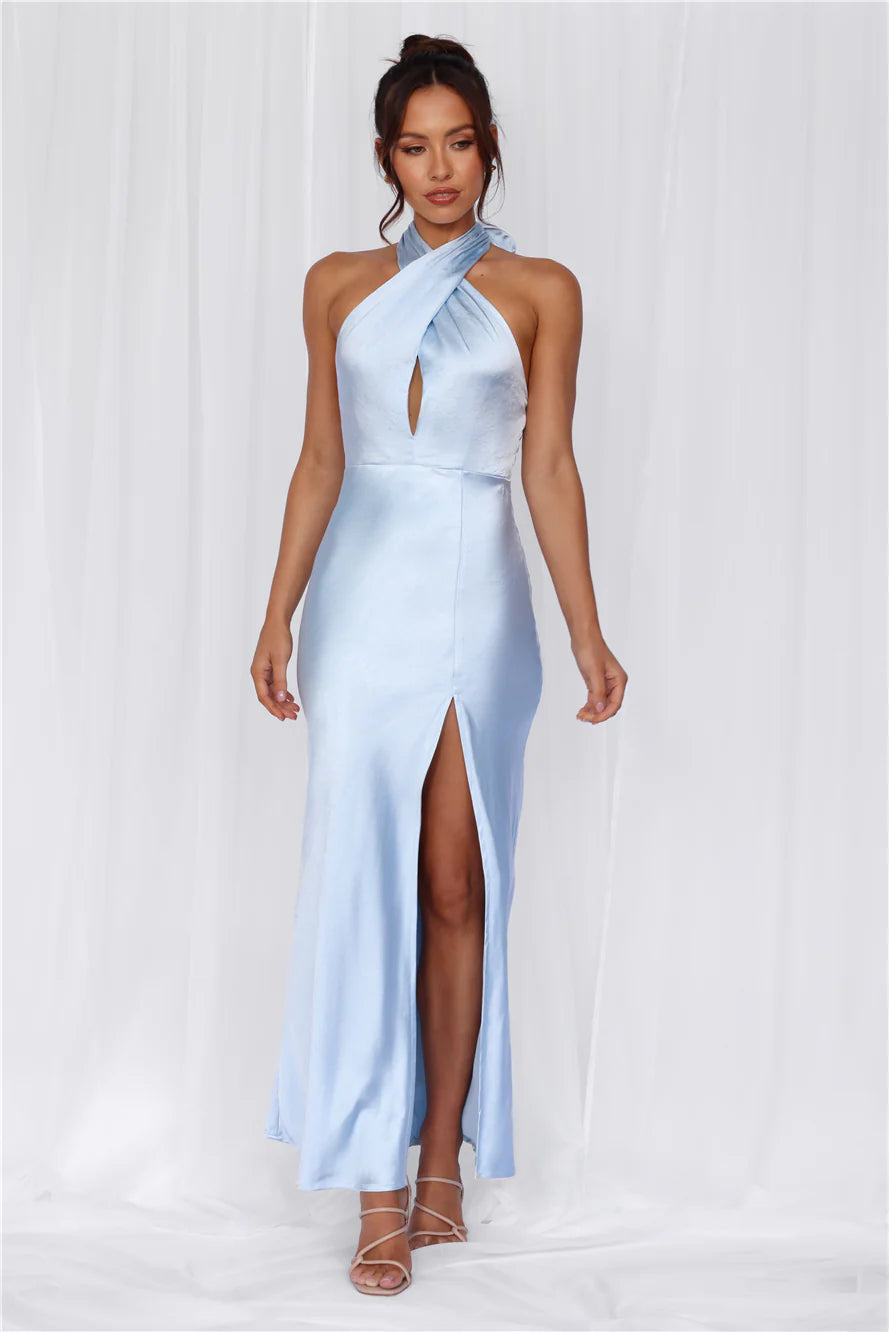 HELLO MOLLY The Adeline Halter Satin Maxi Dress Blue