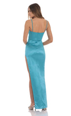 Satin Corset Maxi Dress in Blue
