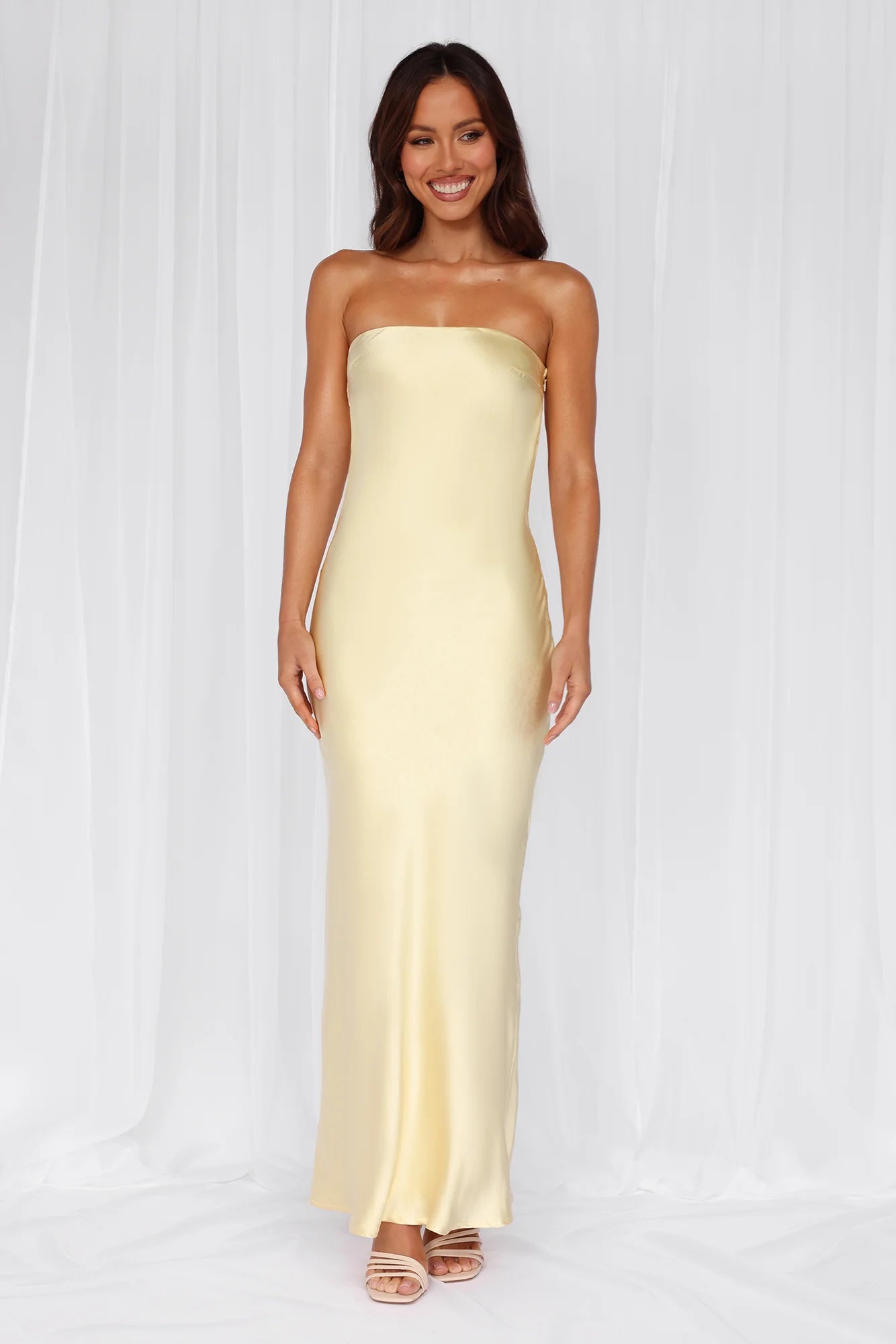 HELLO MOLLY The Felicity Strapless Satin Maxi Dress Yellow