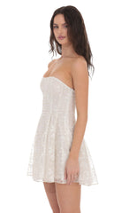 Gold Thread Strapless Fit and Flare Dress in Ivory