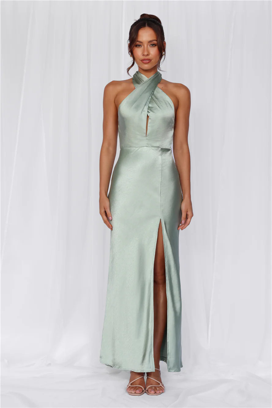 HELLO MOLLY The Adeline Halter Satin Maxi Dress Sage
