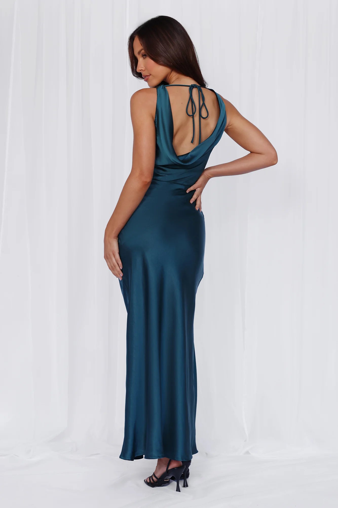 HELLO MOLLY The Loretta Cowl Satin Maxi Dress Teal