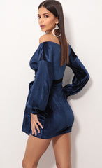 Off The Shoulder Velvet Dress in Navy
