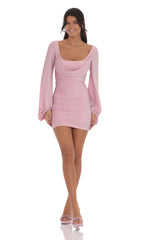 Shimmer Ruched Cowl Neck Dress in Pink