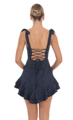 Floral Jacquard Ruffle A-line Dress in Navy