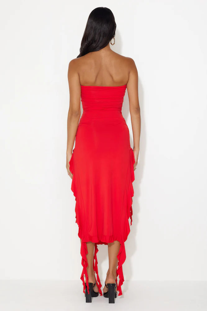 HELLO MOLLY All The Frills Strapless Midi Dress Red