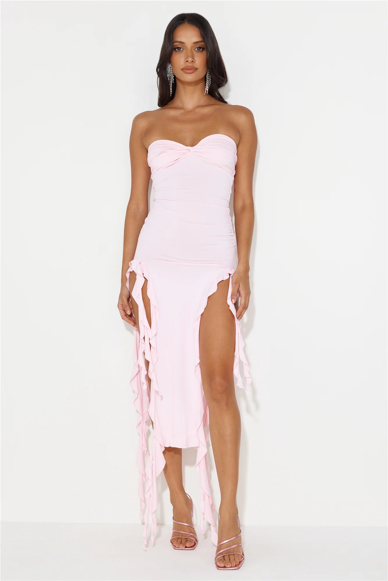 HELLO MOLLY All The Frills Strapless Midi Dress Light Pink
