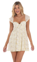 Embroidered Floral Babydoll Dress in Yellow