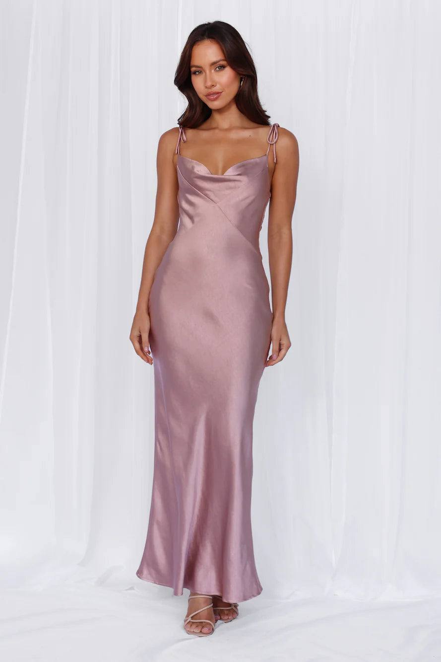 HELLO MOLLY The Penelope Cowl Satin Maxi Dress Dusty Pink