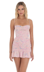 Floral Open Back Ruched Ruffle Dress in Pink