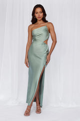 HELLO MOLLY The Opal One Shoulder Satin Maxi Dress Sage