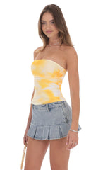 Mesh Floral Ruched Tube Top in Yellow