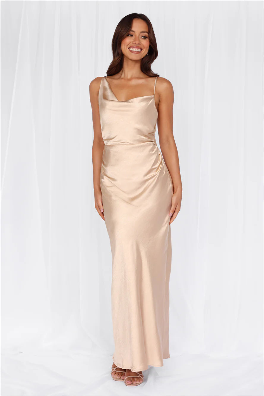 HELLO MOLLY The Madeline Cowl Satin Maxi Dress Champagne