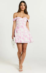 Alkie Mini Dress Off Shoulder Sweetheart Neck Fit & Flare Dress in Print