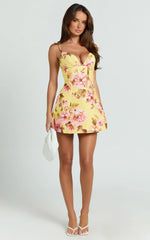 Marianna Mini Dress Floral Print V Neck Fit and Flare Dress in Yellow
