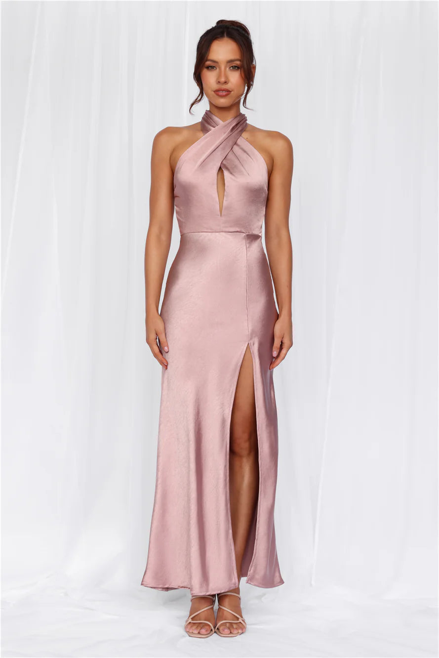 HELLO MOLLY The Adeline Halter Satin Maxi Dress Dusty Pink