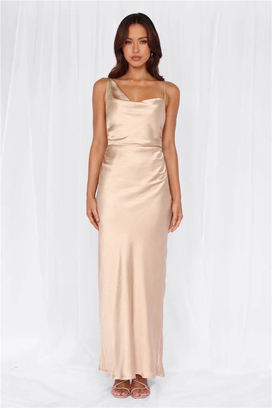 HELLO MOLLY The Madeline Cowl Satin Maxi Dress Champagne
