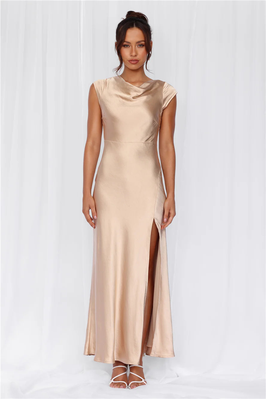 HELLO MOLLY The Valentina Cap Sleeve Satin Maxi Dress Champagne