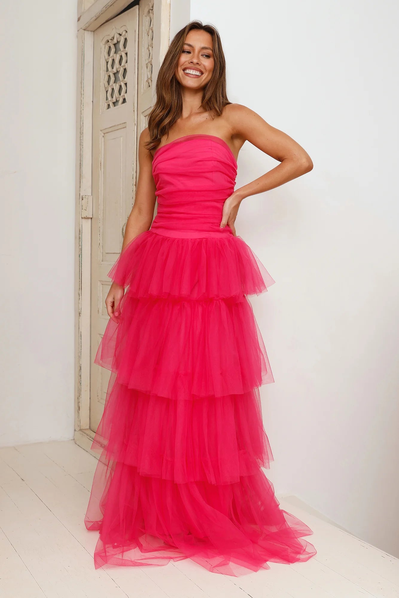 HELLO MOLLY Hidden Opal Strapless Tulle Maxi Dress Hot Pink