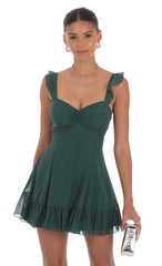 Shimmer Chiffon Ruffle Strap Dress in Green