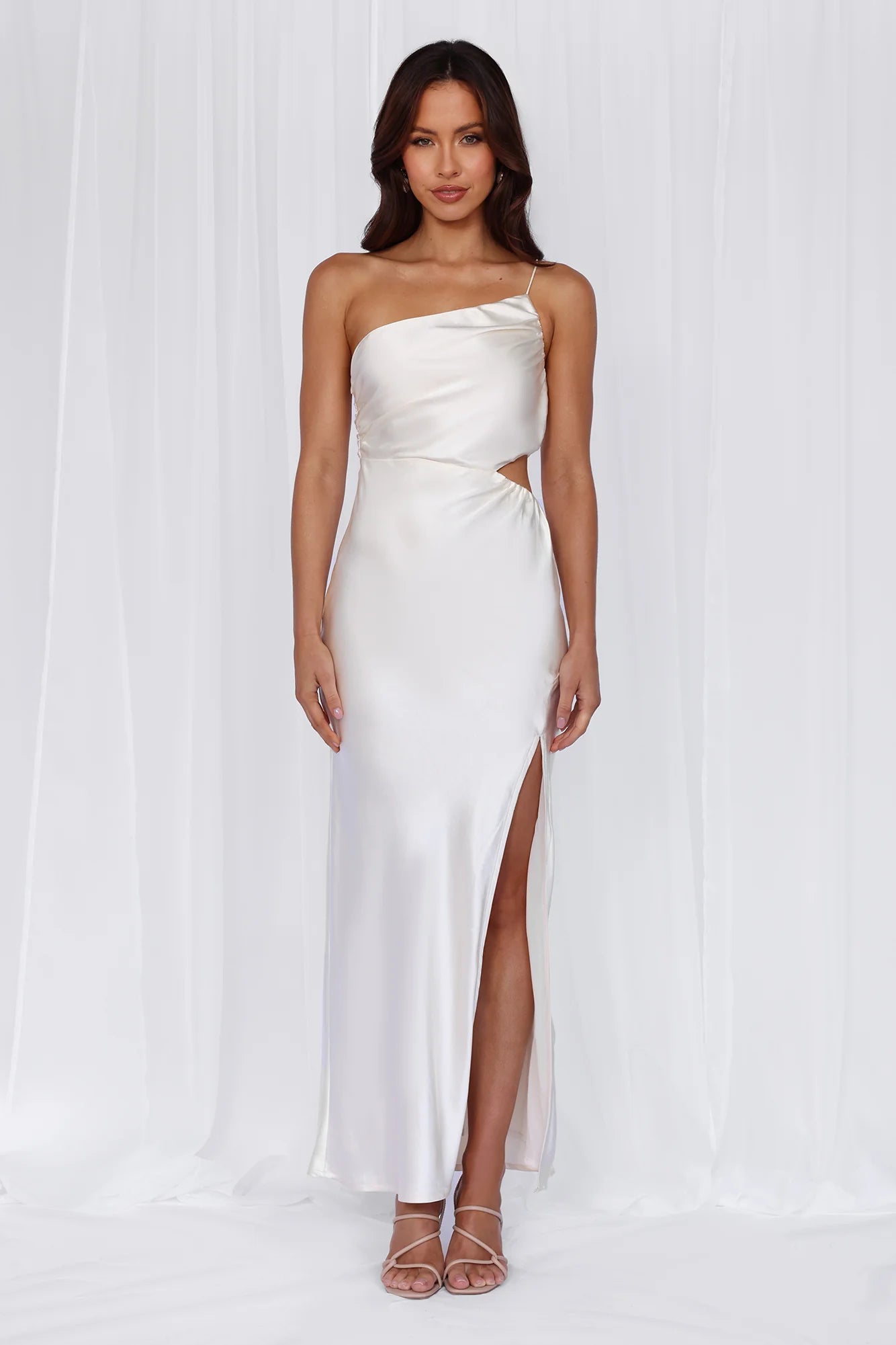 HELLO MOLLY The Opal One Shoulder Satin Maxi Dress Pearl