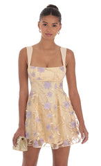 Embroidered Floral Fit and Flare Dress in Gold