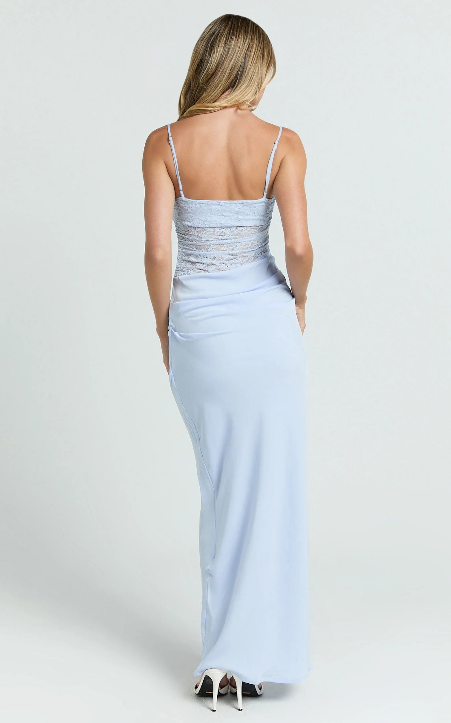 Rania Maxi Dress Contrast Lace Bodice Bias Cowl Drop Waist Dress in Soft Blue