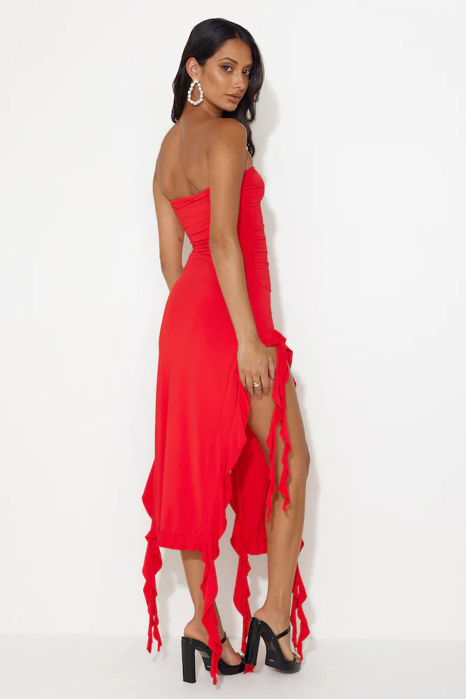 HELLO MOLLY All The Frills Strapless Midi Dress Red