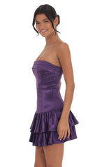 Satin Strapless Ruffle Dress in Purple